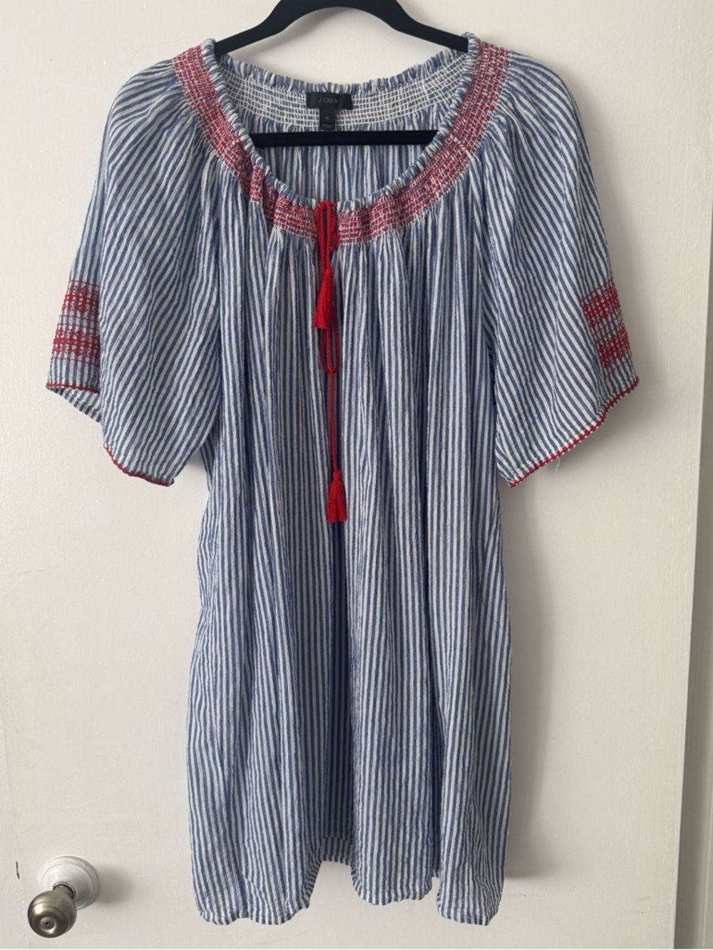 J. Crew Blue and White Striped Smocked Top